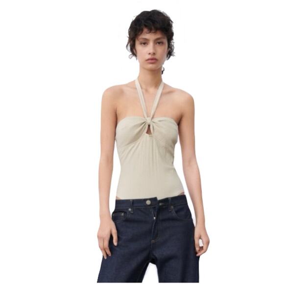 NWOT ZARA Bodysuit M Beige Halter Ribbed Cut Out Straps - Picture 1 of 8